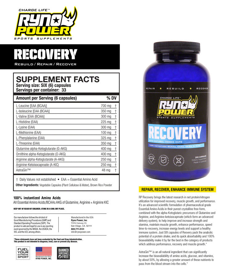 RYNO POWER RECOVERY SUPPLEMENT - 33 SERVINGS, 200 CAPSULES