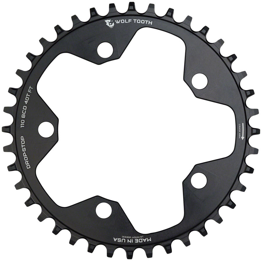 WOLF TOOTH 110 BCD CYCLOCROSS AND ROAD CHAINRING - 38T 110 BCD 5-BOLT DROP-STOP 10/11/12-SPEED EAGLE AND FLATTOP COMPATIBLE BLACK
