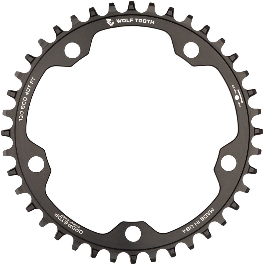 WOLF TOOTH 130 BCD ROAD AND CYCLOCROSS CHAINRING - 38T 130 BCD 5-BOLT DROP-STOP 10/11/12-SPEED EAGLE AND FLATTOP COMPATIBLE BLACK