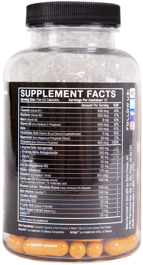 RYNO POWER ENDURANCE SUPPLEMENT - 25 SERVINGS 125 CAPSULES