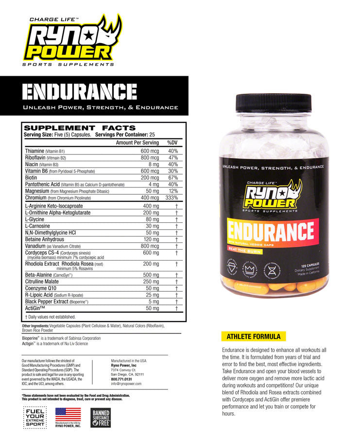 RYNO POWER ENDURANCE SUPPLEMENT - 25 SERVINGS 125 CAPSULES