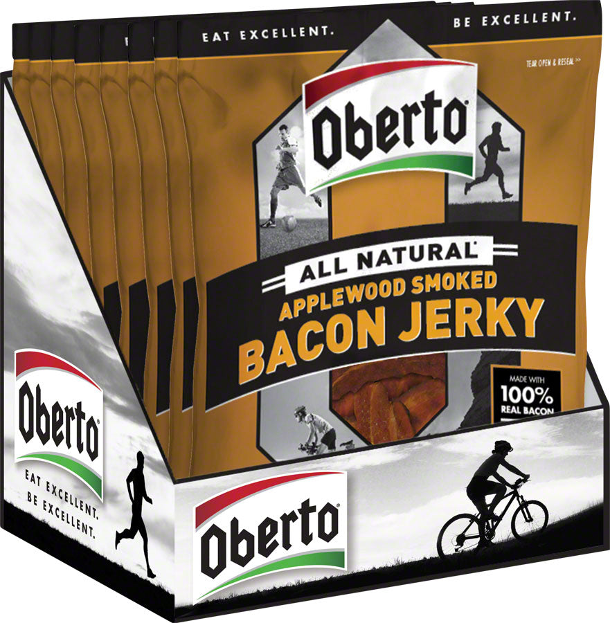 Oberto Bacon Jerky Applewood Smoked: 2.5oz Package. Includes 8 Bags in a Retail Ready Display Box.